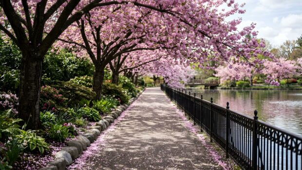 A beautiful landscape wallpaper featuring a path lined with pink cherry blossom trees next to a tranquil pond
