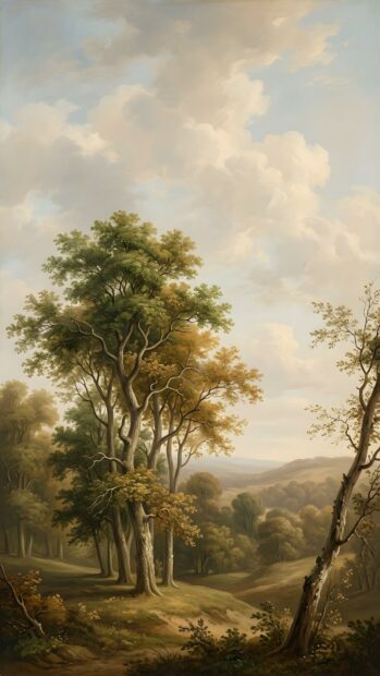 A classical painting style landscape wallpaper depicting a forest with tall trees and a cloudy sky