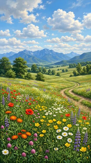A picturesque landscape wallpaper depicting a vibrant meadow filled with colorful wildflowers, a winding path, and distant green mountains under a blue sky