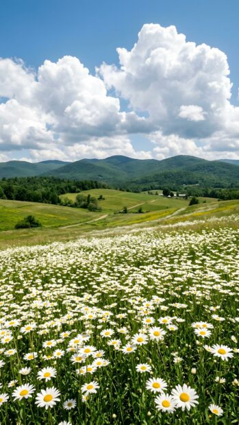 A vibrant landscape wallpaper featuring a field of white daisies under a blue sky with green hills