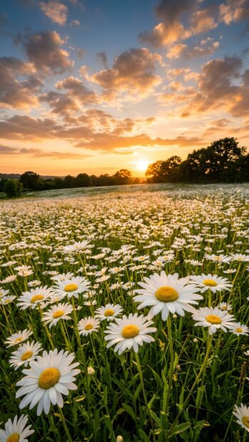 A beautiful landscape wallpaper featuring a field of white daisies under a vibrant sunset sky, perfect for mobile devices
