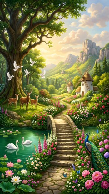 A fantastical landscape wallpaper showcasing a lush garden with a stone bridge, windmills, deer, swans, and a peacock under a magical sky