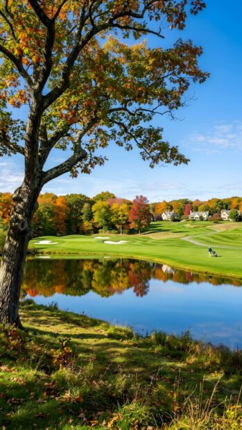 A colorful autumn landscape wallpaper showcasing a golf course next to a reflective pond with vibrant trees