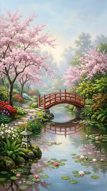 A picturesque Japanese garden landscape wallpaper featuring a red arched bridge over a lily pond surrounded by cherry blossom trees