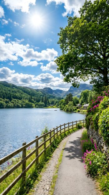 A vibrant landscape wallpaper featuring a sunny lake path winding alongside a serene body of water with lush green mountains in the background
