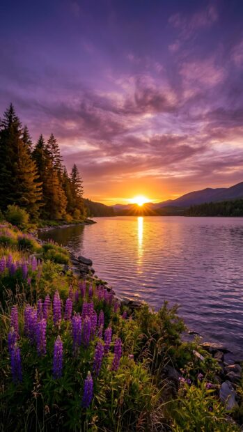 A stunning landscape wallpaper showcasing a lake during sunset with vibrant purple lupine flowers in the foreground