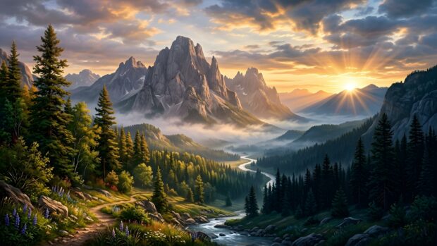 An epic landscape wallpaper depicting majestic mountains, a winding river, and pine forests bathed in a golden sunset glow