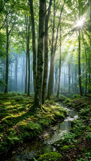 A magical landscape wallpaper depicting a misty forest with sun rays filtering through tall trees and a small stream