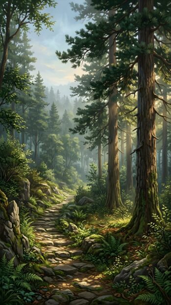 A serene forest landscape wallpaper featuring a stone path winding through tall pine trees with sunlight filtering through the canopy