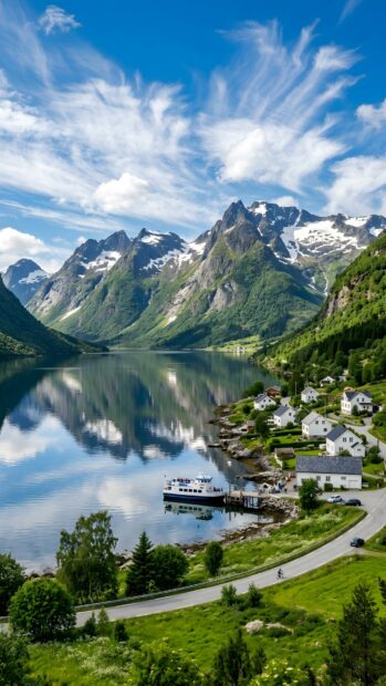A stunning landscape wallpaper featuring a Norwegian fjord with snow-capped mountains reflecting in the calm lake, a village, and a boat docked by the shore