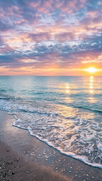 An serene landscape wallpaper featuring a beautiful ocean sunset with soft waves gently rolling onto a sandy beach