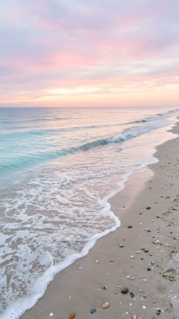 A peaceful beach landscape wallpaper featuring soft pastel sunset skies over gentle ocean waves on a sandy shore