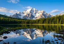 A serene landscape wallpaper showing a snow-capped mountain and pine forest perfectly reflected in a calm lake under a clear blue sky