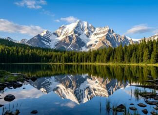 A serene landscape wallpaper showing a snow-capped mountain and pine forest perfectly reflected in a calm lake under a clear blue sky