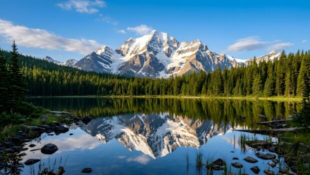 A serene landscape wallpaper showing a snow-capped mountain and pine forest perfectly reflected in a calm lake under a clear blue sky