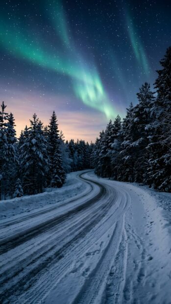 A stunning winter landscape wallpaper showing a snowy forest road under the vibrant aurora borealis sky