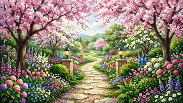 A vibrant spring landscape wallpaper featuring a winding garden path surrounded by colorful flowers and cherry blossom trees