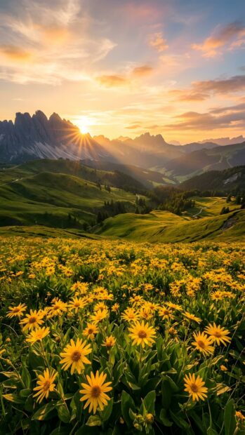 A stunning landscape wallpaper showcasing a field of yellow wildflowers with green hills and jagged mountains under a vibrant sunset sky