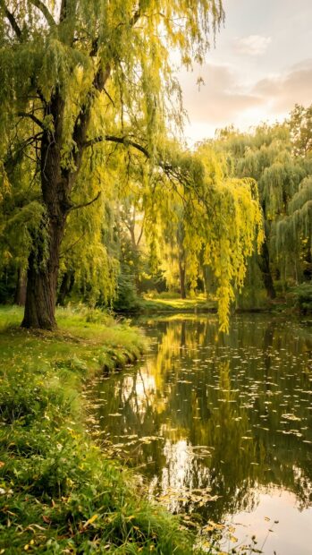 A serene landscape wallpaper featuring weeping willow trees reflecting in a pond with warm golden light