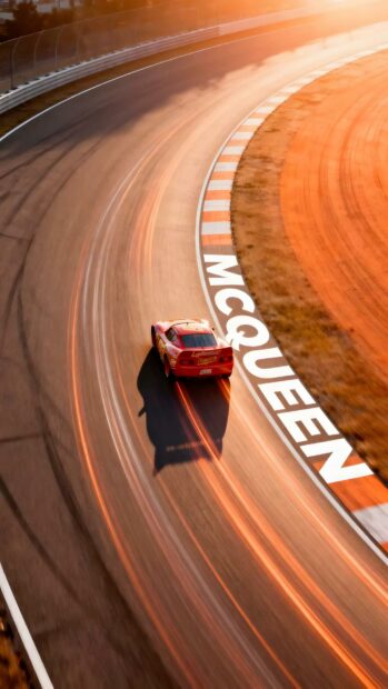 An aerial view Lightning Mcqueen Wallpaper showing the car on a race track curve with "MCQUEEN" written on the asphalt