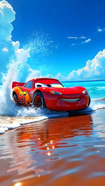 A vibrant Lightning Mcqueen wallpaper showing him on a sunny beach with waves splashing