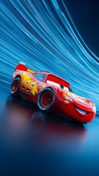 A dynamic Lightning Mcqueen Wallpaper featuring the red car with glowing blue speed lines in the background