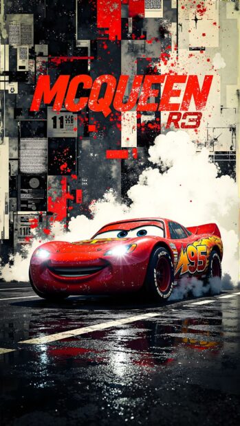 A cool Lightning Mcqueen Wallpaper showing the car doing a burnout on a wet street with a red and black grunge background