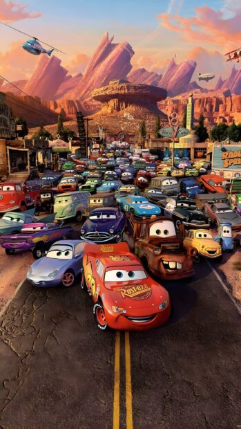 Lightning Mcqueen Wallpaper featuring the whole Cars cast gathered in a rustic desert town with mountains