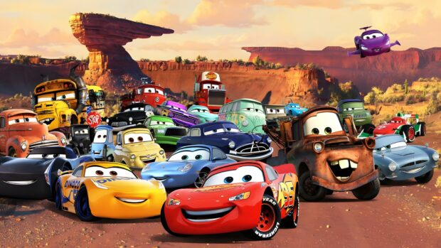 A group Lightning Mcqueen Wallpaper featuring many Cars movie characters gathered in a desert landscape