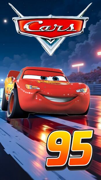 A vibrant Lightning Mcqueen Wallpaper featuring the Cars logo and large number 95 on a lit racetrack