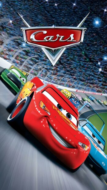 Lightning Mcqueen Wallpaper showing the red race car on a track with other cars and the prominent Cars movie logo