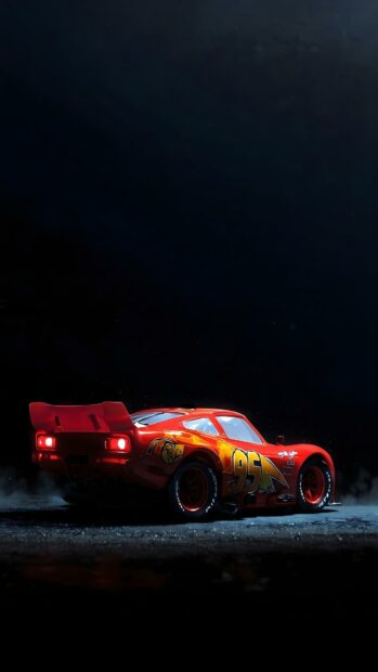 A minimalist Lightning Mcqueen Wallpaper with the car viewed from behind against a dark, smoky background