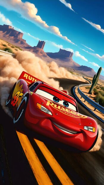 A dynamic Lightning Mcqueen Wallpaper showing him racing on a dusty desert road with canyons in the background