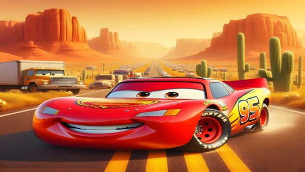 A bright Lightning Mcqueen Wallpaper showing him on a desert road with mountains and other vehicles in the background