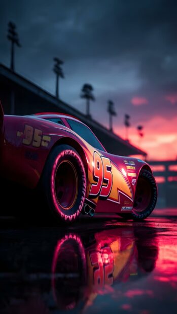 A dramatic Lightning Mcqueen Wallpaper featuring him on a wet racetrack at dusk with pink reflections