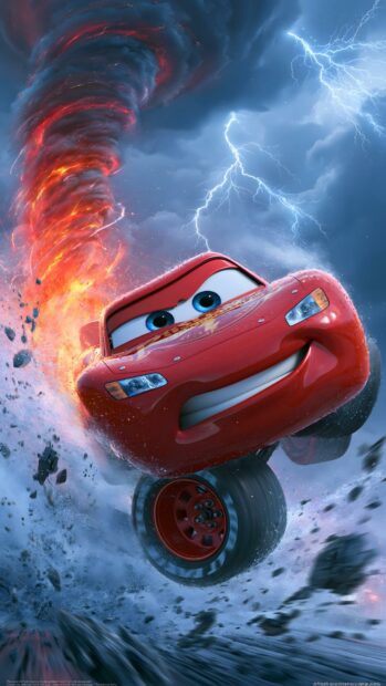 A dramatic Lightning Mcqueen wallpaper featuring him doing a wheelie amidst a fiery tornado and lightning storm