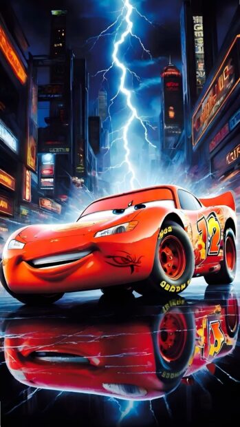 Lightning Mcqueen Wallpaper in a futuristic city with blue lightning and a reflective surface, featuring a car similar to Lightning Mcqueen but with number 12