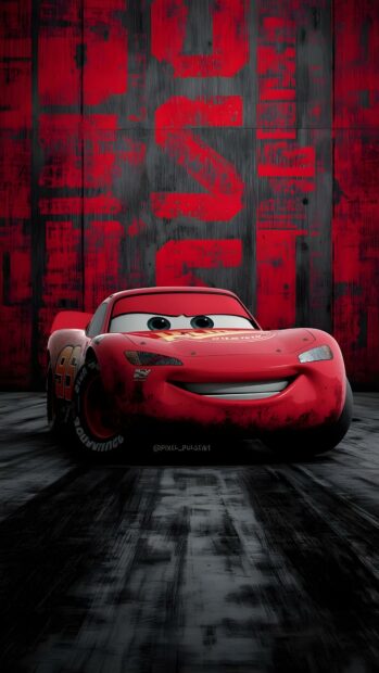 A rugged Lightning Mcqueen wallpaper featuring him against a red and black grunge wall