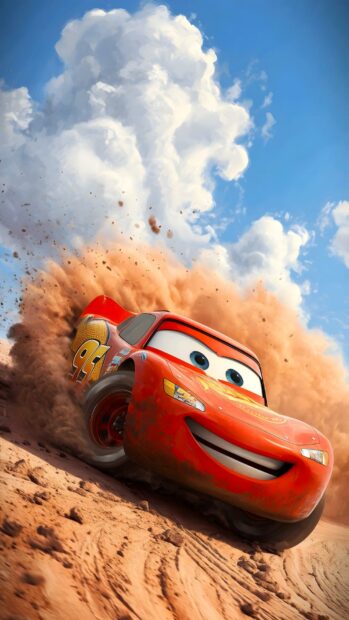 An action-packed Lightning Mcqueen Wallpaper depicting the red car kicking up a large cloud of dust on a dirt track under a cloudy sky