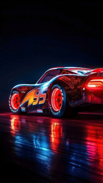A futuristic Lightning Mcqueen wallpaper featuring neon red and blue lights with circuit patterns on a dark background