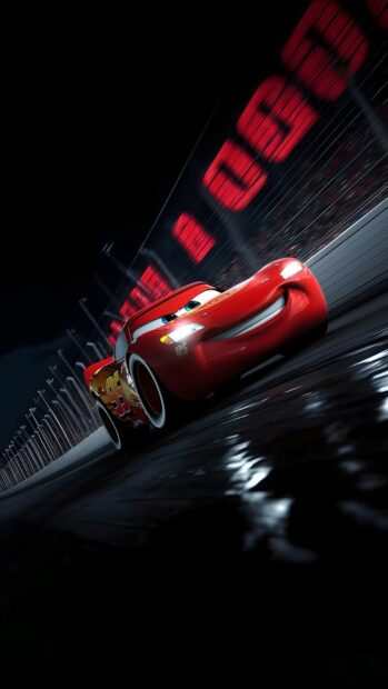 A dark aesthetic Lightning Mcqueen Wallpaper showing him racing at night on a wet track with city lights in the distance