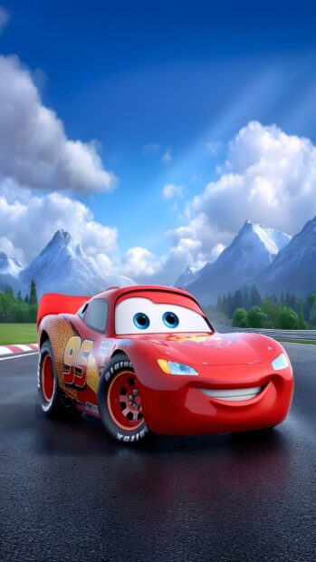 A vibrant Lightning Mcqueen Wallpaper featuring the red car on a race track with majestic mountains and a clear blue sky