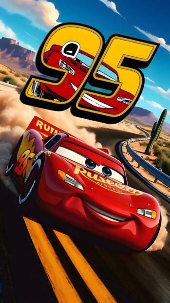 A dynamic Lightning Mcqueen Wallpaper featuring him racing on a desert track with his number 95 prominently displayed