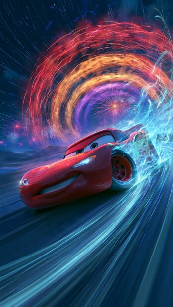 A dynamic Lightning Mcqueen wallpaper showing him racing through colorful fireworks and light trails at night