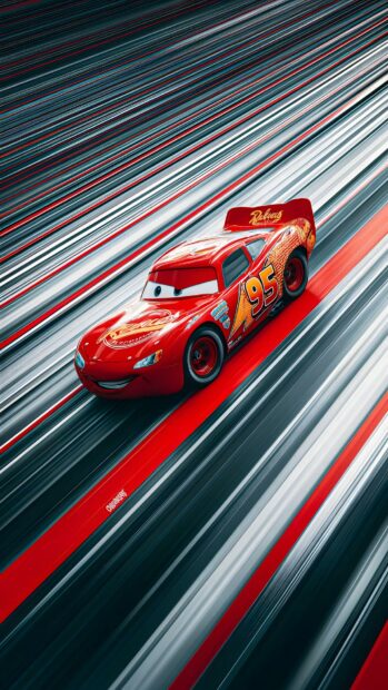 Lightning Mcqueen Wallpaper with the car in motion against a sleek background of red and black diagonal stripes