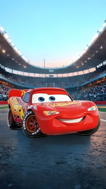 A cheerful Lightning Mcqueen Wallpaper featuring the car on a racing track inside a stadium