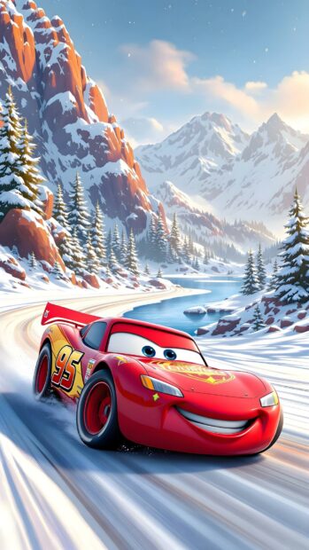 A beautiful Lightning Mcqueen Wallpaper depicting him driving through a snowy mountain landscape with pine trees