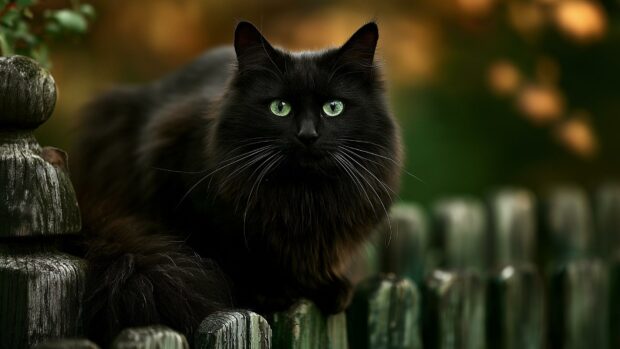 A majestic black cat wallpaper with bright green eyes sitting on a wooden fence in a dark, moody setting