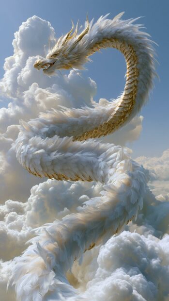 Majestic white and gold dragon wallpaper with feathered scales flying through bright blue sky and clouds