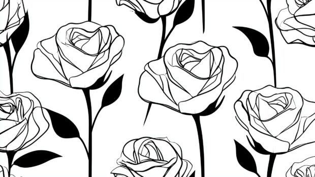 Minimalist Rose Wallpaper featuring black and white line art of blooming roses in a seamless pattern